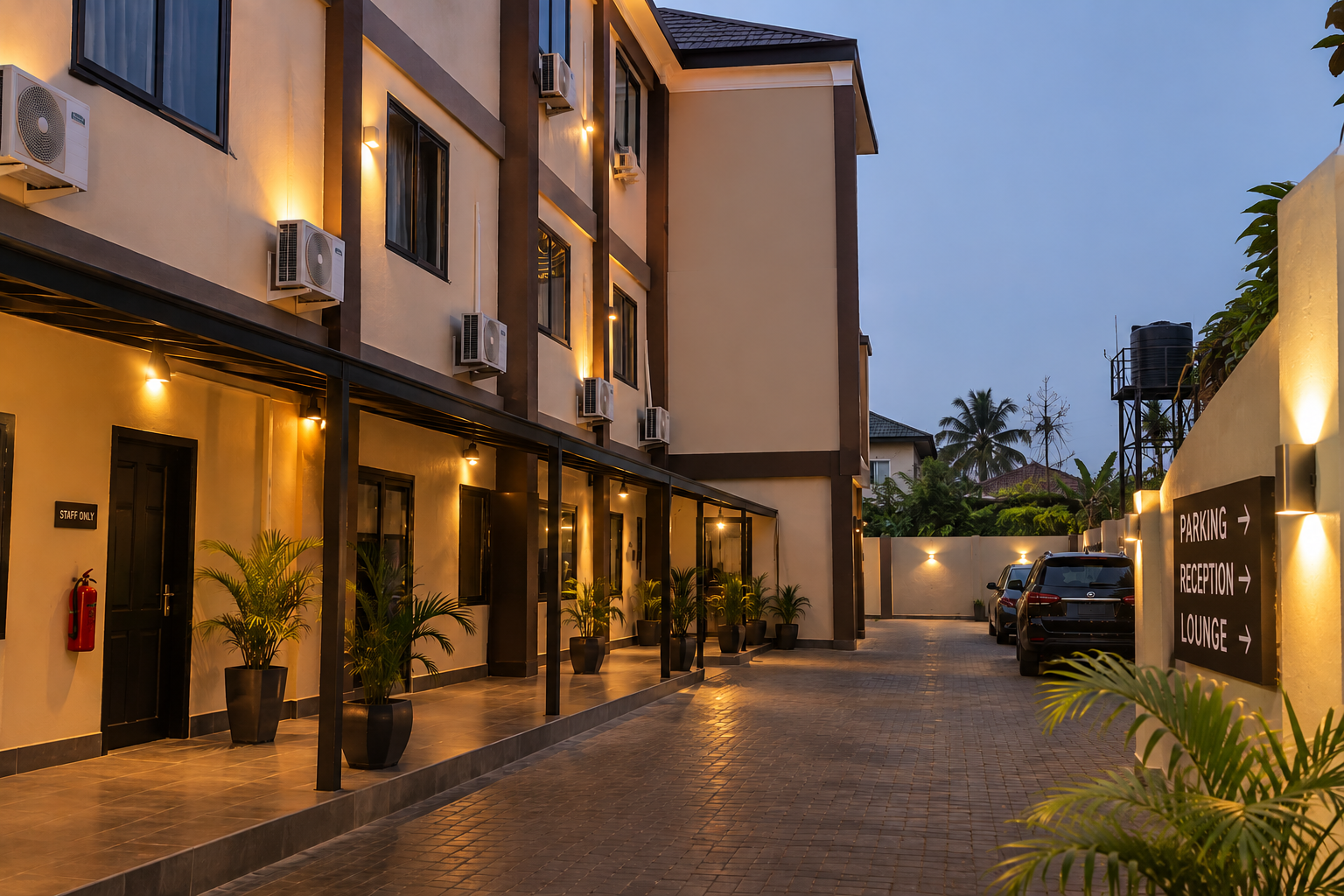 KUM Hotel walkway with Parking, Reception and Lounge signage